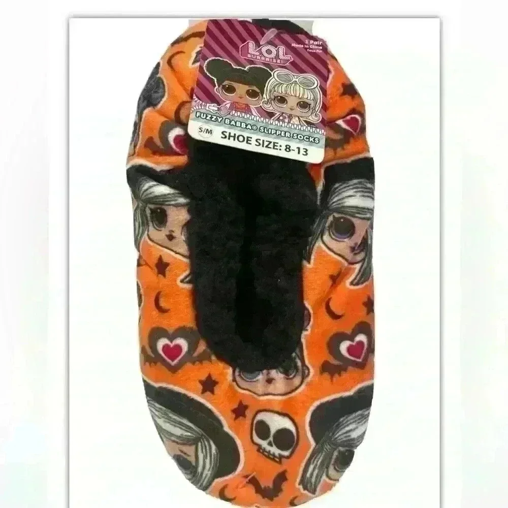 LOL‎ Surprise Fuzzy Babba Slipper Socks Orange Halloween Kids Shoe Size 8-13 S/M